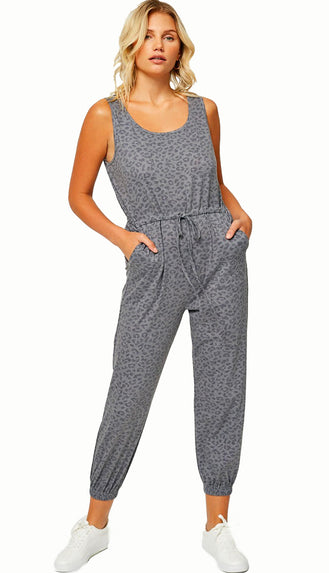 Travel With Me Washed Leopard Jumpsuit- Charcoal/Green