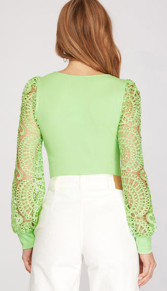 Key Lime Pie Detail Sleeve Ribbed Top- Lime