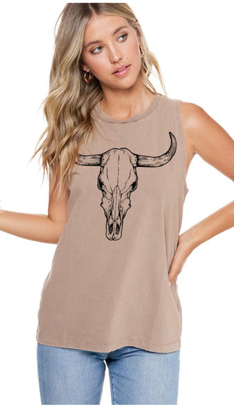 Long Horn Graphic Tank- Sand