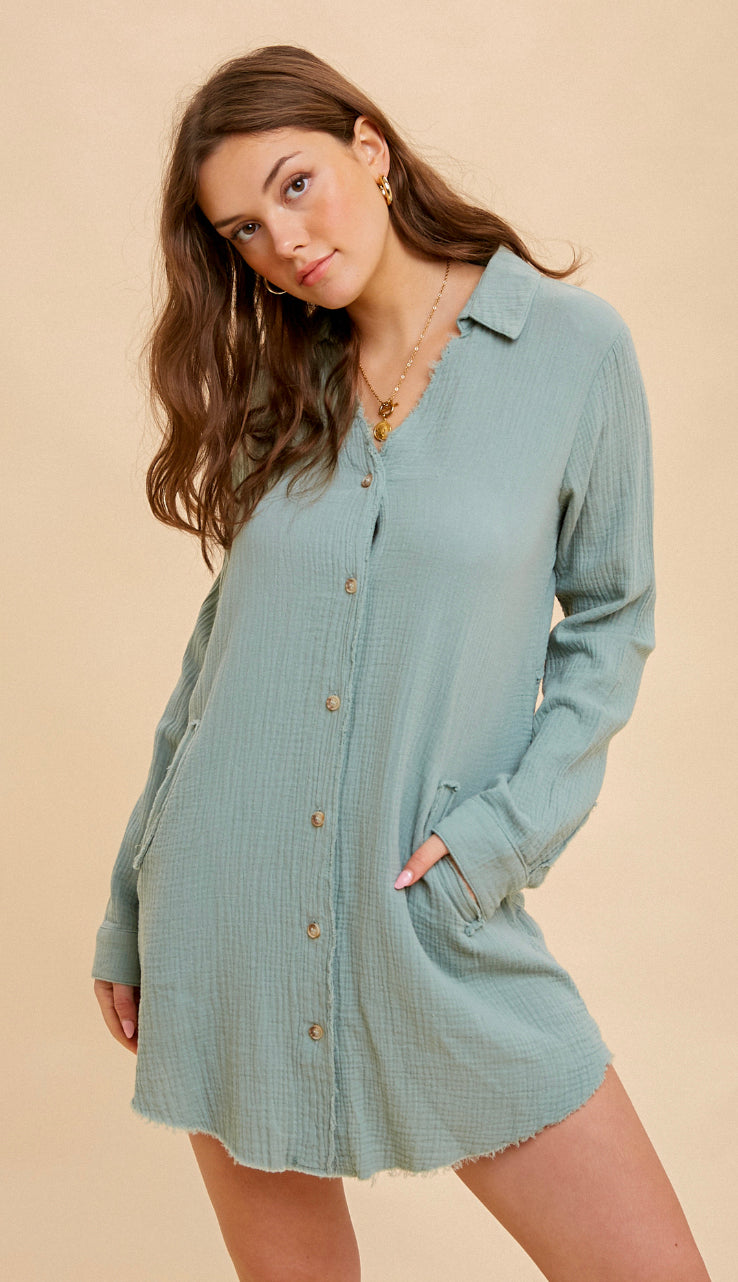 Spring Breeze Textured Collared Tunic- Sage