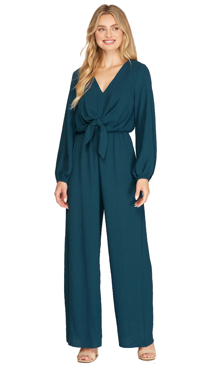 Stand Tall Front Tie Jumpsuit- Teal Green