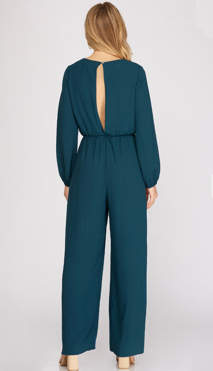 Stand Tall Front Tie Jumpsuit- Teal Green