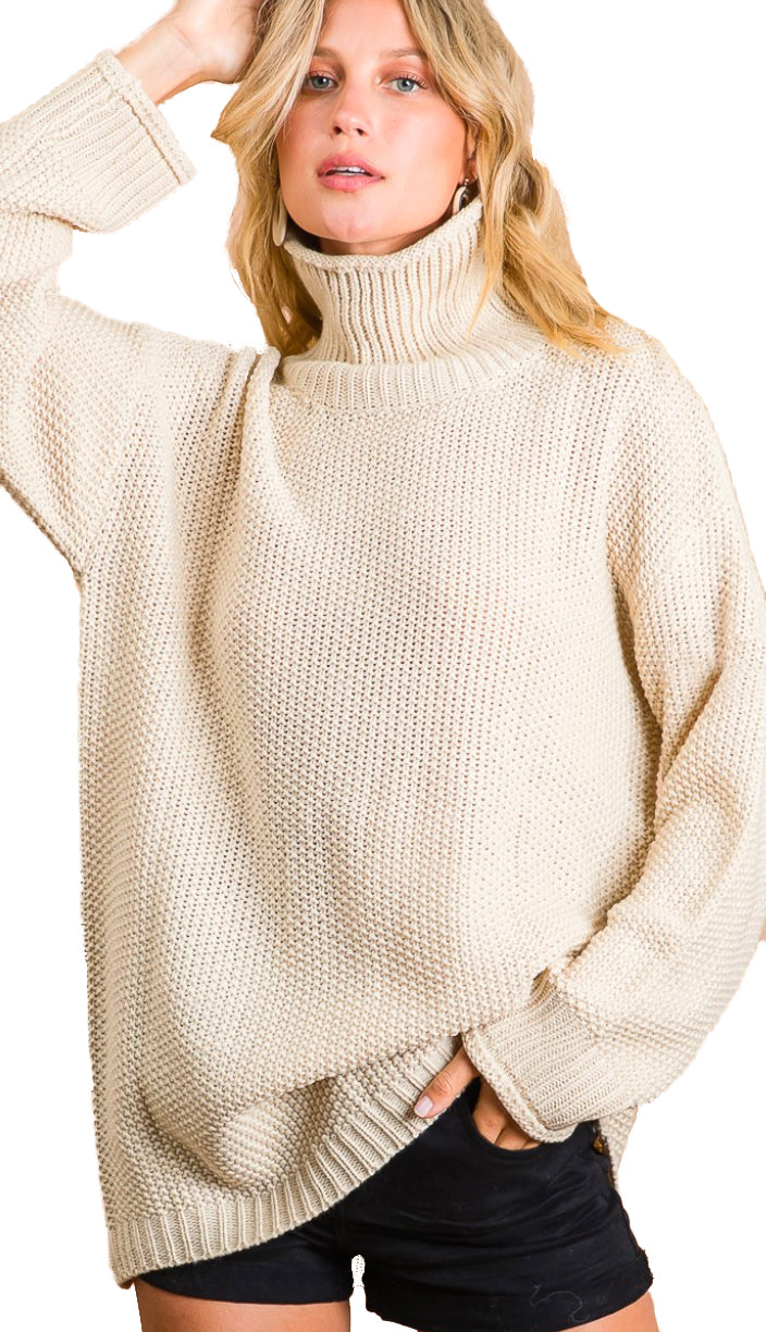 Longer Side Of Things Turtleneck Sweater Top- Oatmeal
