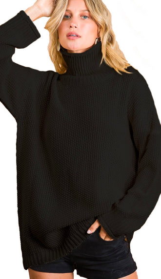 Longer Side Of Things Turtleneck Sweater Top- Black