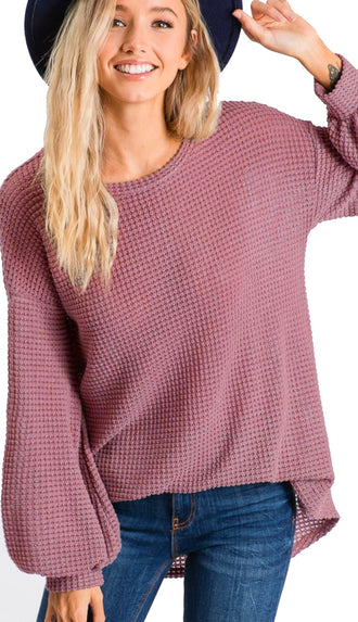 Day By Day Waffle Knit Balloon Sleeve Top- Rust