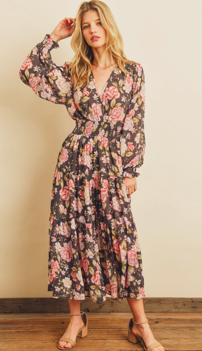 Accept This Rose Midi Dress- Charcoal