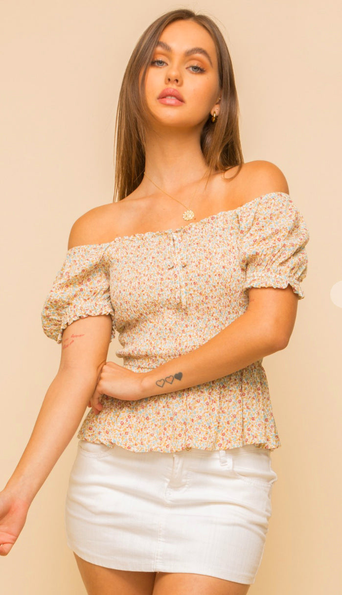 Smell The Daisies Floral Puff Sleeve Top- Mustard