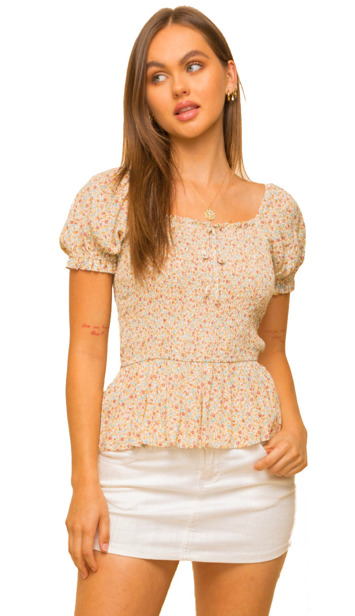 Smell The Daisies Floral Puff Sleeve Top- Mustard