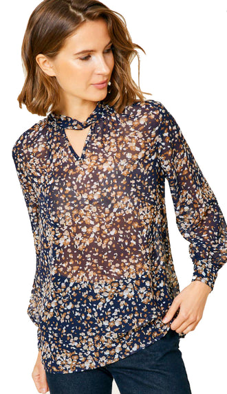 What's Love Printed Cutout Puff Sleeve Top- Navy