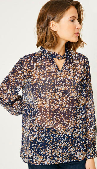 What's Love Printed Cutout Puff Sleeve Top- Navy