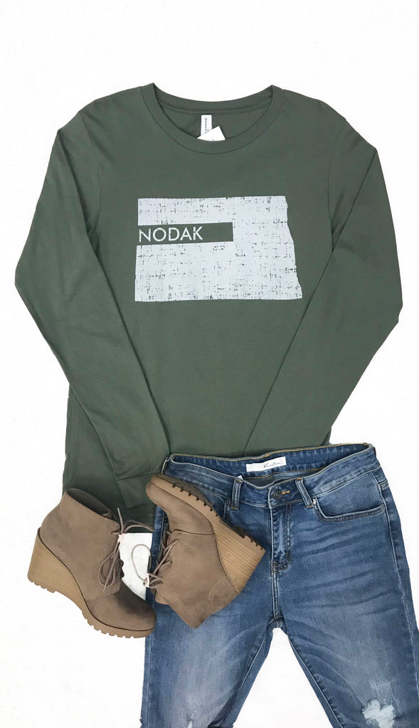 Nodak Distressed Long Sleeve Tee- Military Green