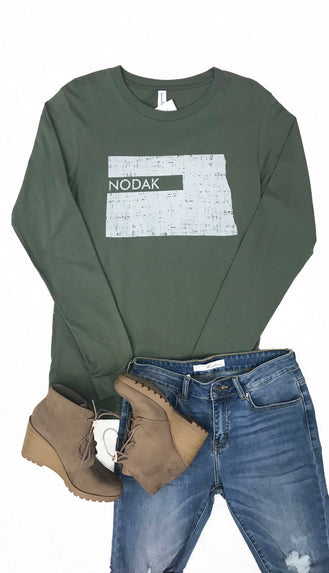 Nodak Distressed Long Sleeve Tee- Military Green