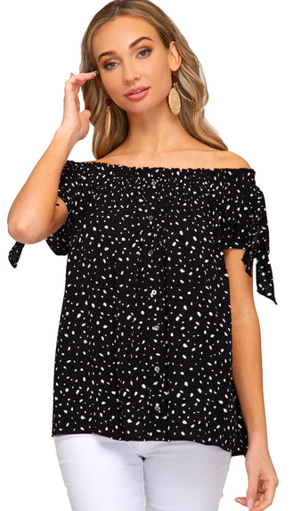 Meet You At Midnight Off Shoulder Button Top- Black