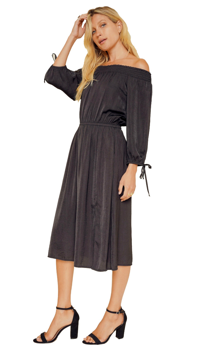 Undeniable Off Shoulder Satin Midi Dress- Black