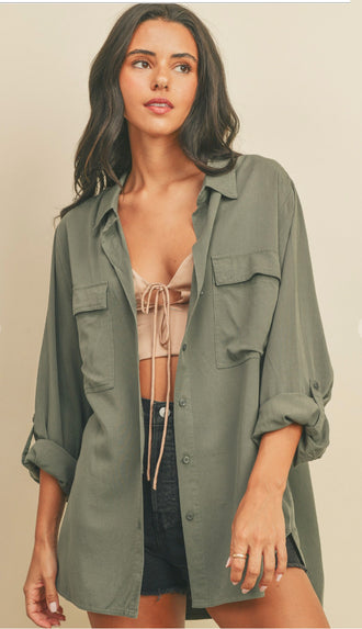 Devyn Oversized Button Shirt- Olive