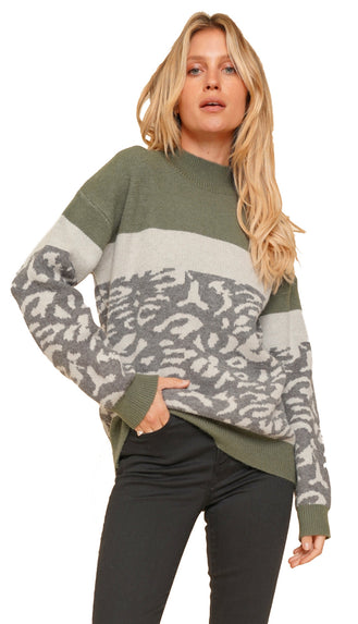 Fair Fight Color Block Leopard Sweater- Olive