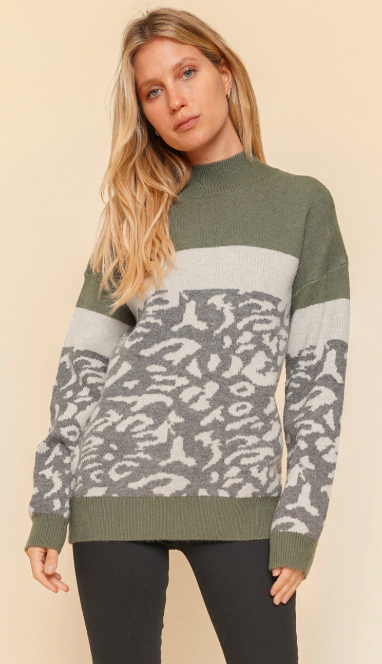 Fair Fight Color Block Leopard Sweater- Olive
