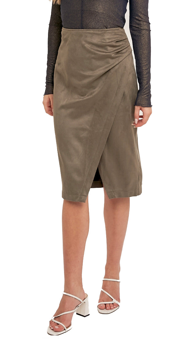 Jadyn Asymmetrical Suede Wrap Midi Skirt- Olive