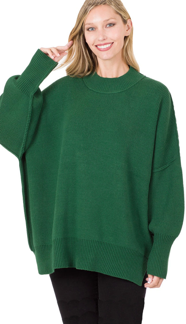 Wind Down Side Slit Oversized Sweater- Dark Green