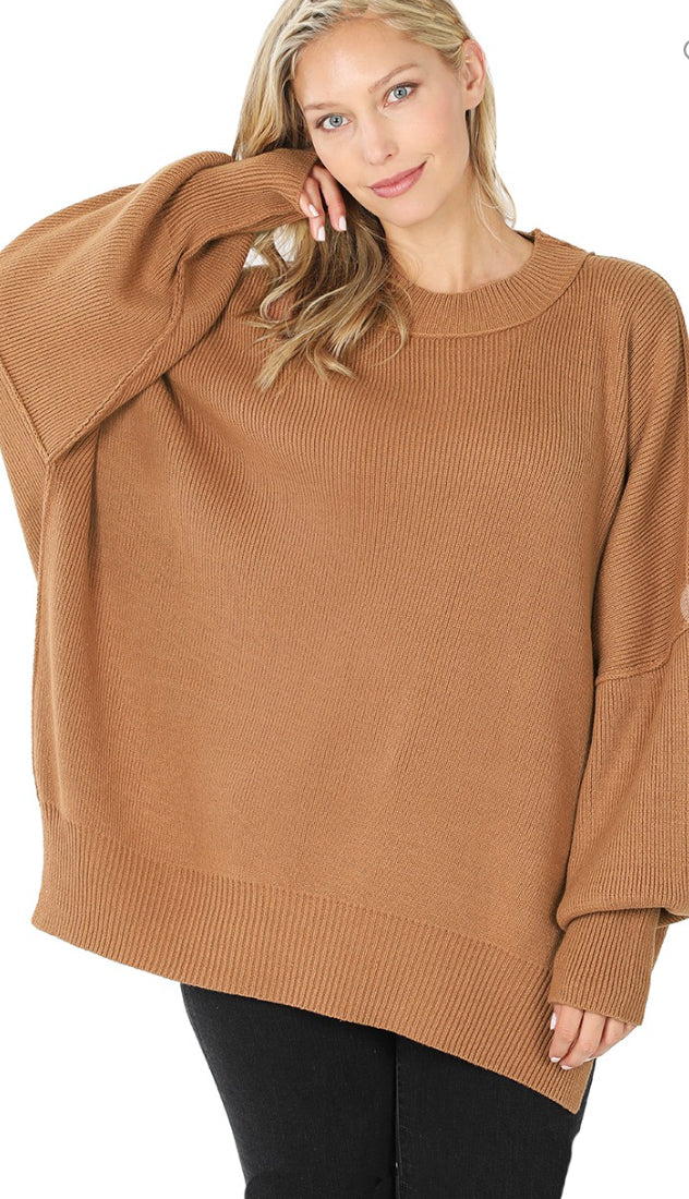 Wind Down Side Slit Oversized Sweater- Camel