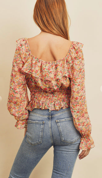 Spring Florals Square Neck Top- Pink/Yellow