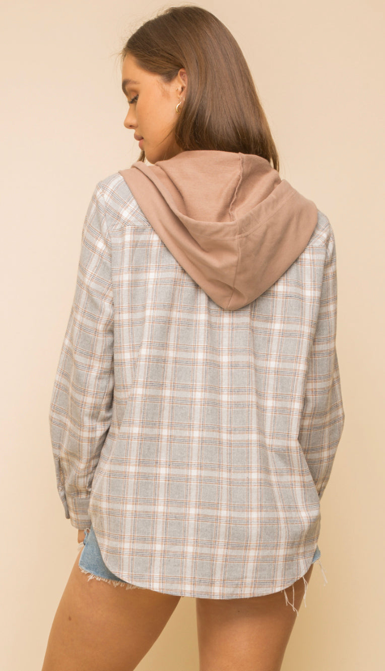 Day To Day Plaid Hoodie Flannel- Dusty Blue