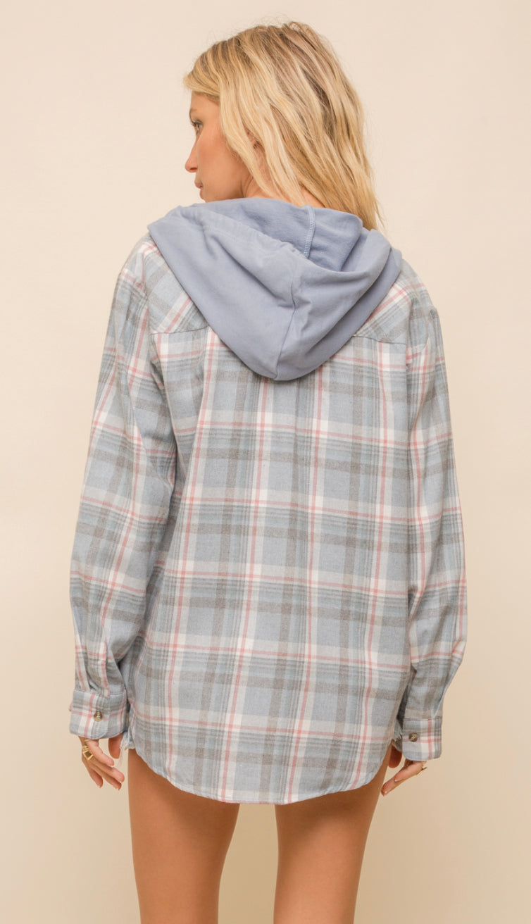 Day To Day Plaid Hoodie Flannel- Dusty Blue