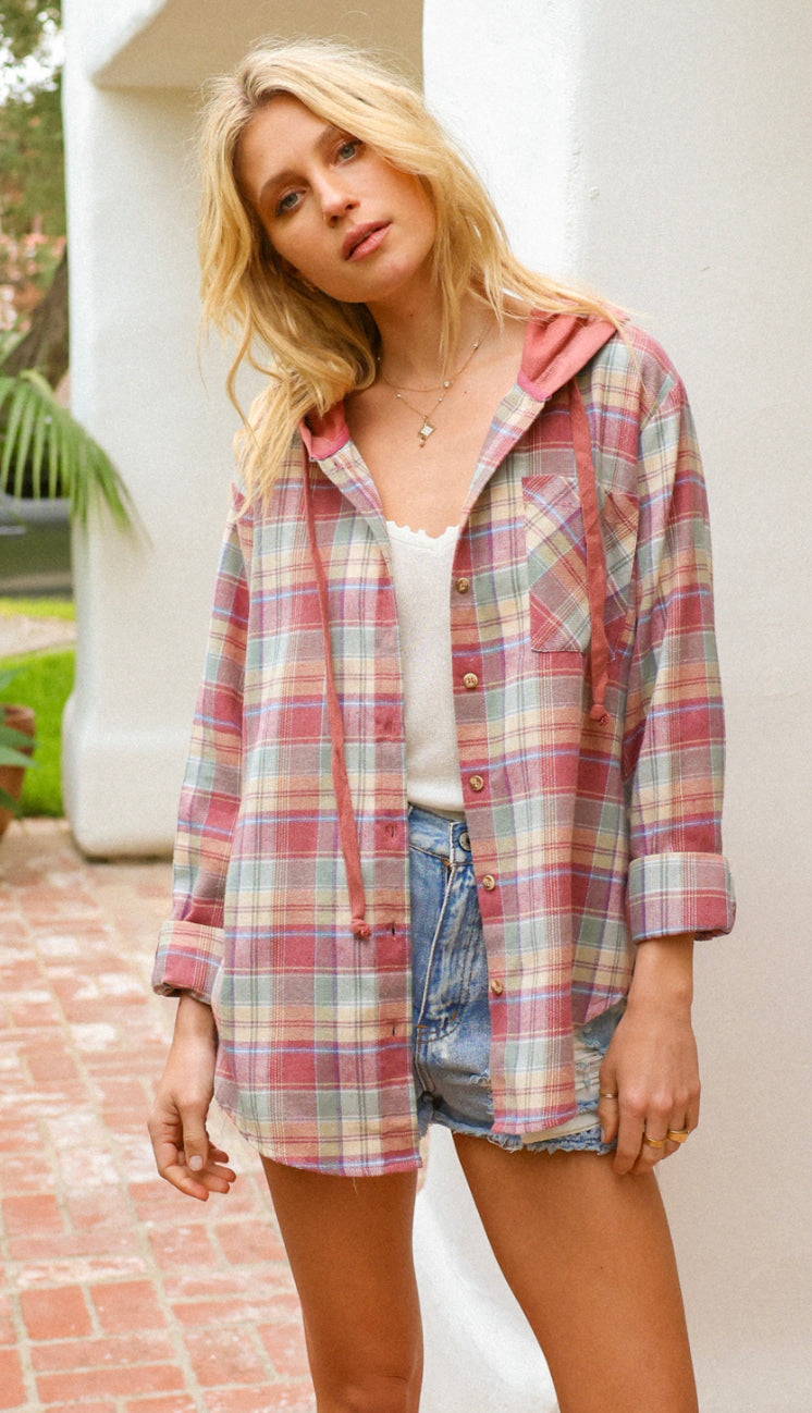 Day To Day Plaid Hoodie Flannel- Vintage Red