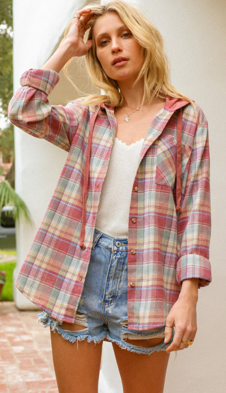 Day To Day Plaid Hoodie Flannel- Vintage Red