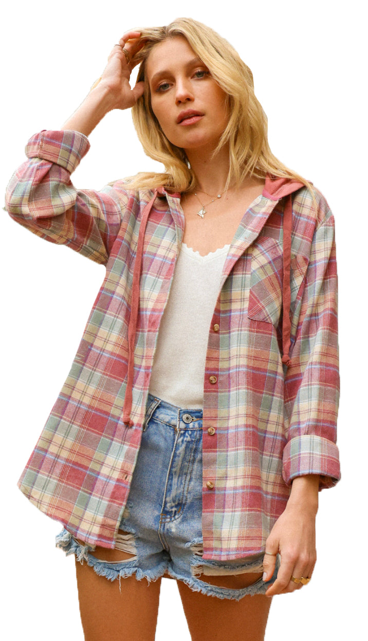 Day To Day Plaid Hoodie Flannel- Grey/Beige