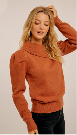 Lydia Split Collar Puff Sleeve Sweater- Pumpkin