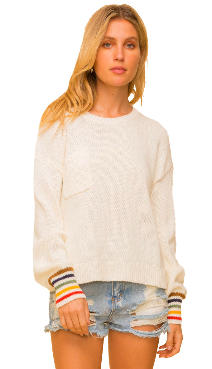 Rainbow Cuff Pocket Sweater- Off White