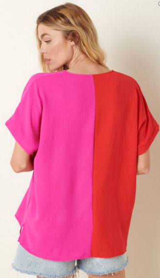 Opposites Attract Color Block Dolman Top- Red/Pink