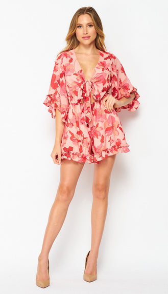 Alicia Front Tie Floral Romper- Red