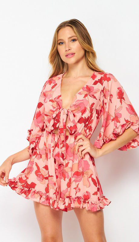 Alicia Front Tie Floral Romper- Red