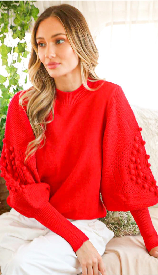 Heart Eyes For You Textured Puff Sleeve Sweater- Red