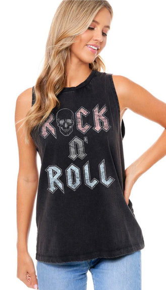 Rock N' Roll Skull Graphic Tank- Black
