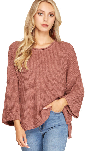 Light To Pack 3/4 Sleeve Sweater- Red Bean