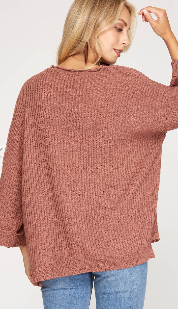 Light To Pack 3/4 Sleeve Sweater- Red Bean