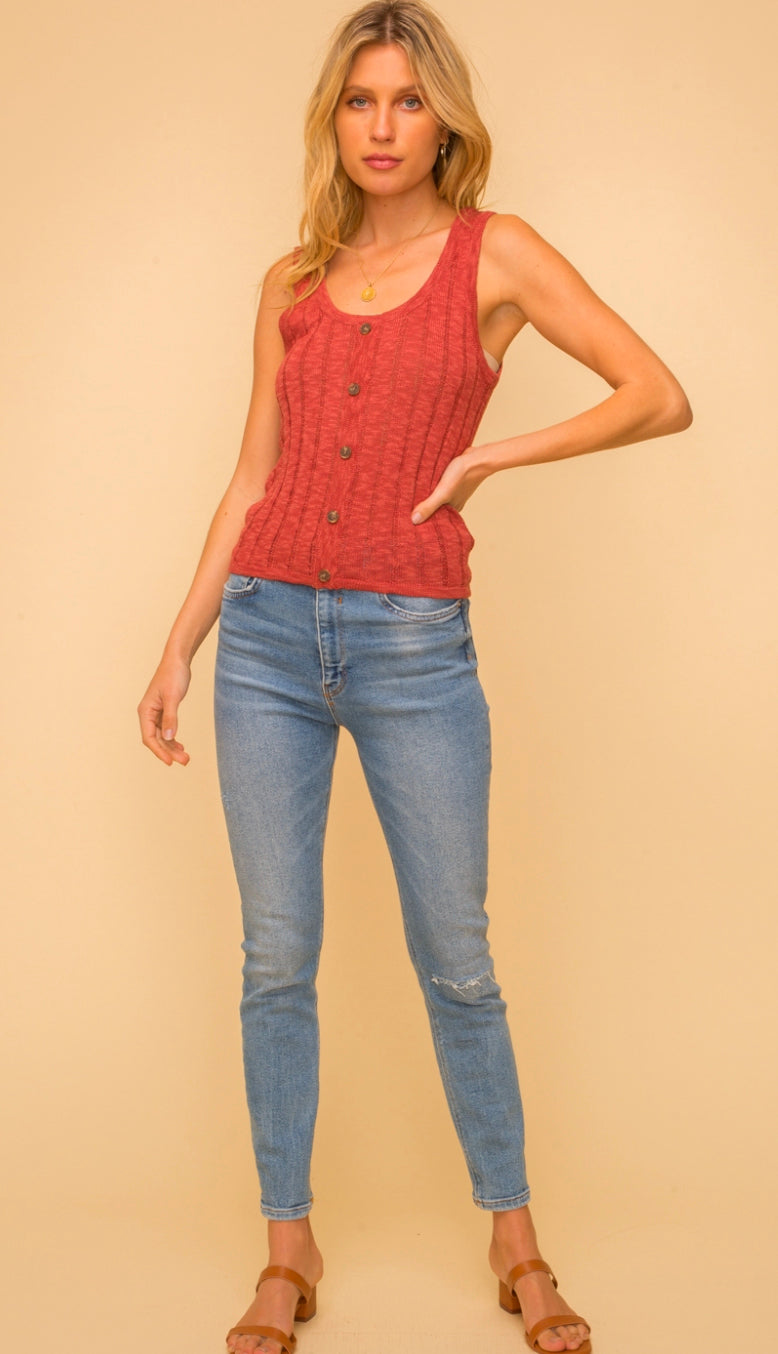 Steady My Heart Ribbed Button Sweater Tank- Rose