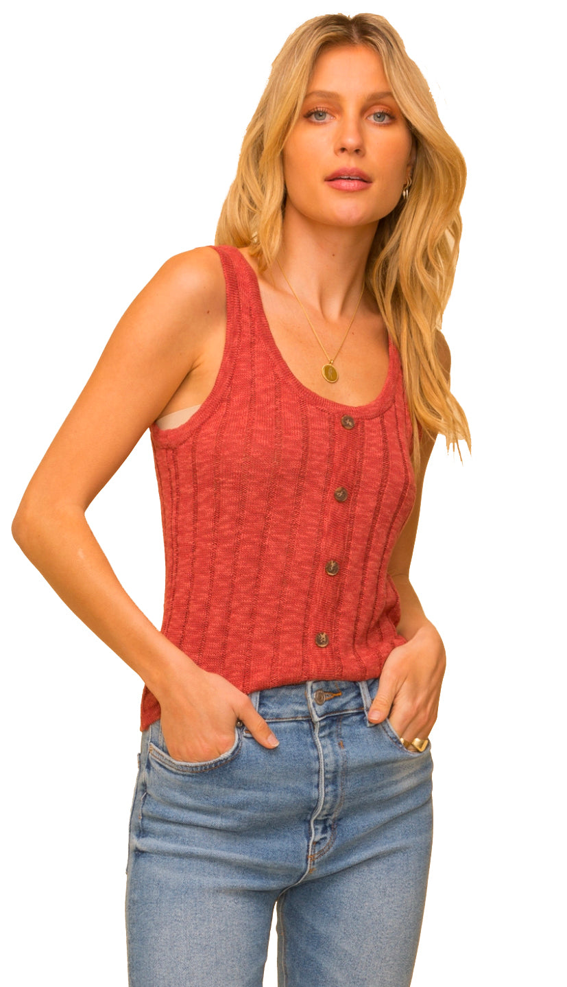 Steady My Heart Ribbed Button Sweater Tank- Rose