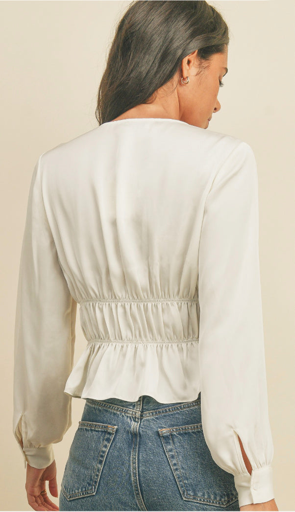 Ruched And Shirred Satin Top- Pearl