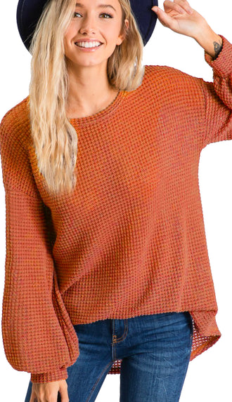 Day By Day Waffle Knit Balloon Sleeve Top- Rust