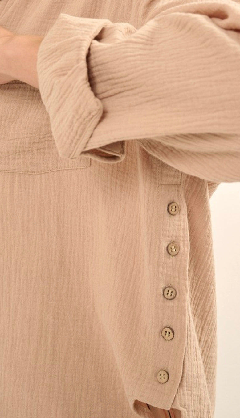 Toes In The Sand Cotton Button Shirt- Sand
