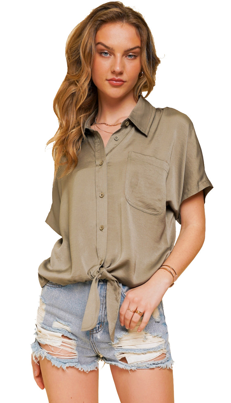 Easy Transition Tie Front Satin Top- Olive