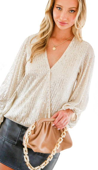 Life Of The Party Sequin Top- Taupe