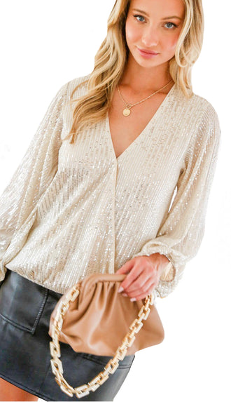 Life Of The Party Sequin Top- Taupe