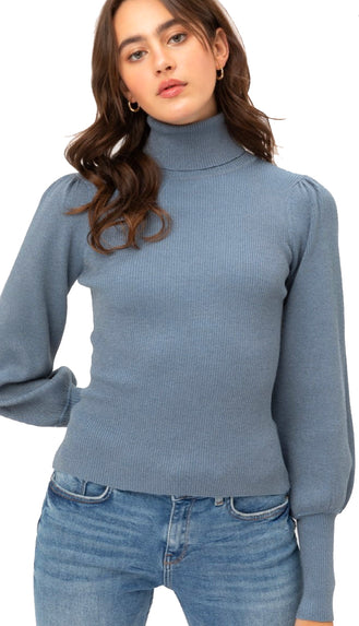 Subtle Shimmer Balloon Sleeve Turtleneck Sweater- Blue