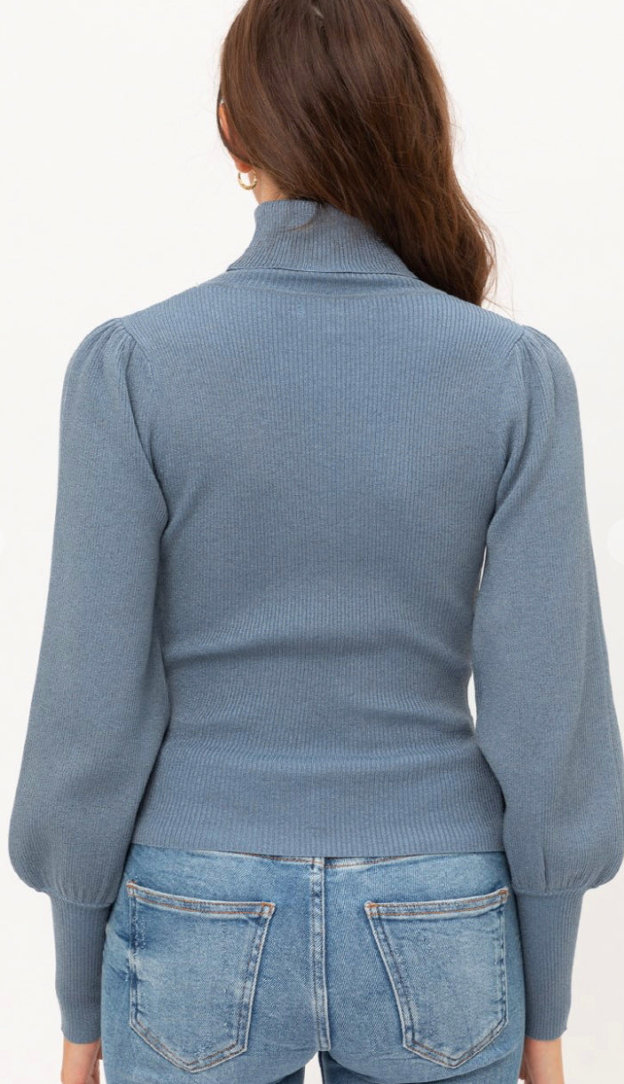 Subtle Shimmer Balloon Sleeve Turtleneck Sweater- Blue