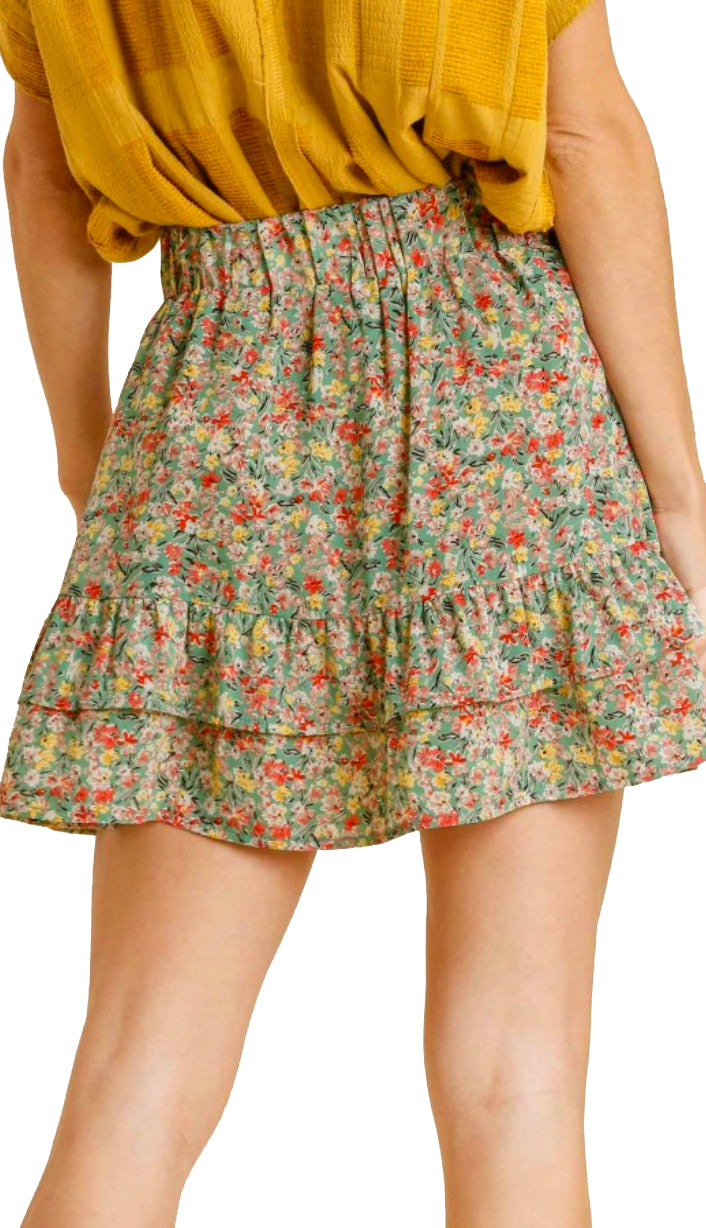 Bloom Effect Elastic Waist Floral Skirt- Green Mix